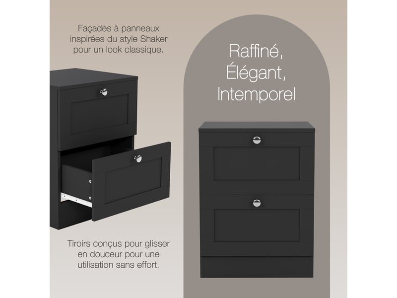  Table de chevet altino 2 tiroirs, commode de nuit, chambre, rangement, 53x40x36cm, noir 3332170 - Conforama W