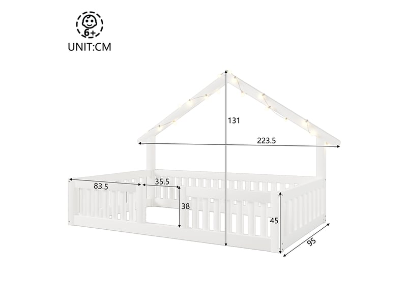  Lit d'enfant 90 x 200 cm, avec barrière de sécurité, guirlande lumineuse led, blanc  - Conforama C
