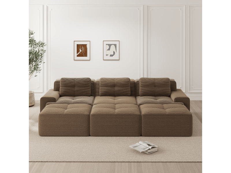  Canapé d’angle modulable marron velours doux, convertible avec poufs - style cloud, 3 places  - Conforama B