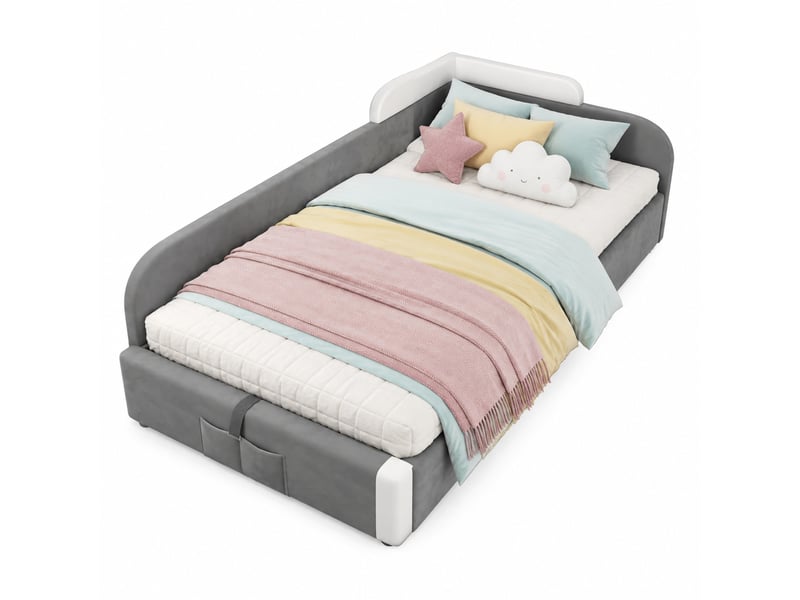  Lit enfant 90x200 cm avec rangement hydraulique, velours gris et blanc  - Conforama A