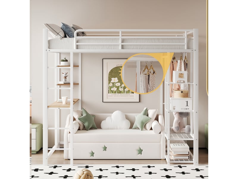  Lit mezzanine enfant 140x200 cm, table, étagère, garde-corps, sommier, métal blanc, sans matelas  - Conforama B