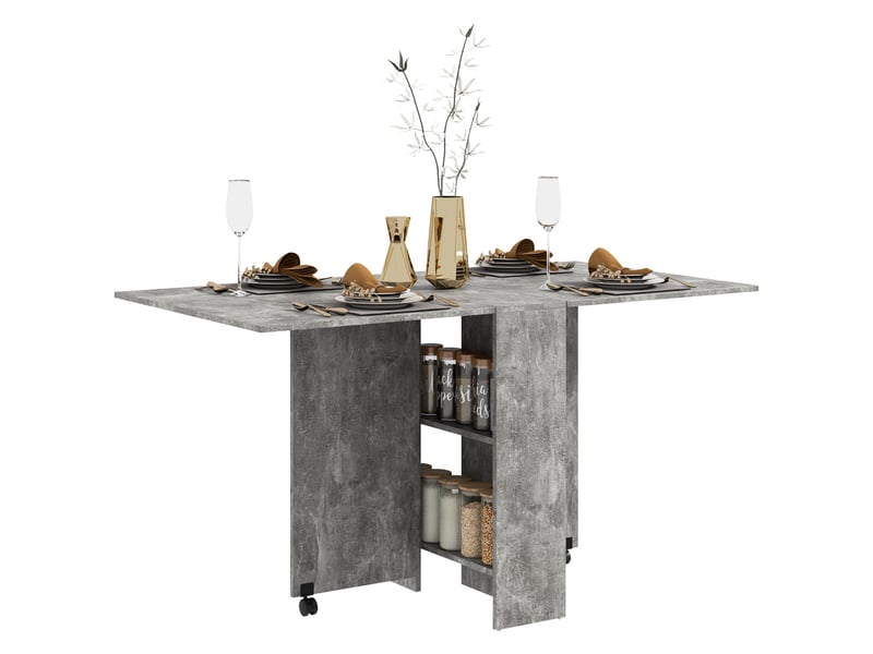  Table de cuisine pliante à roulettes, 2 étagères de rangement et 2 rallonges rabattables, style moderne, 75 x 140 x 74 cm, gris ciment  - Conforama B