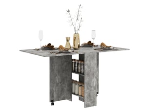 Table de cuisine pliante à roulettes, 2 étagères de rangement et 2 rallonges rabattables, style moderne, 75 x 140 x 74 cm, gris ciment