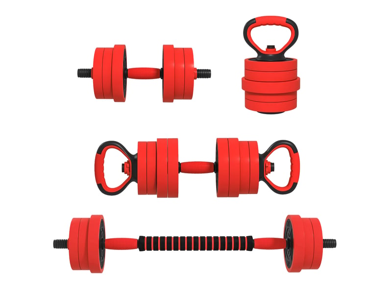 Kit de musculation 4 en 1 de 30 kg, convertible en kettlebell, comprenant 2 haltères, une barre et un support pour pompes, rouge. - Conforama A