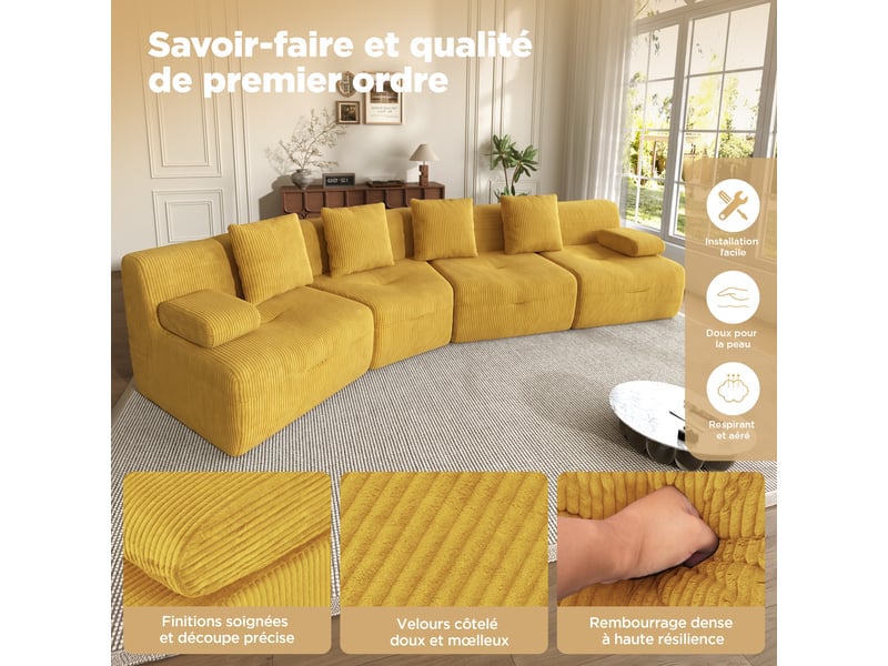  Canapé modulable 4 places, superbe canapé en velours côtelé jaune pour salon, design moderne, dimensions 311x90x65 cm, charge maximale 400 kg.  - Conforama W