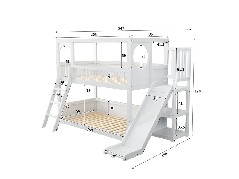 Lit superposé enfant, 90x200 cm, lit cabane avec toboggan et escalier de rangement, blanc - Conforama E