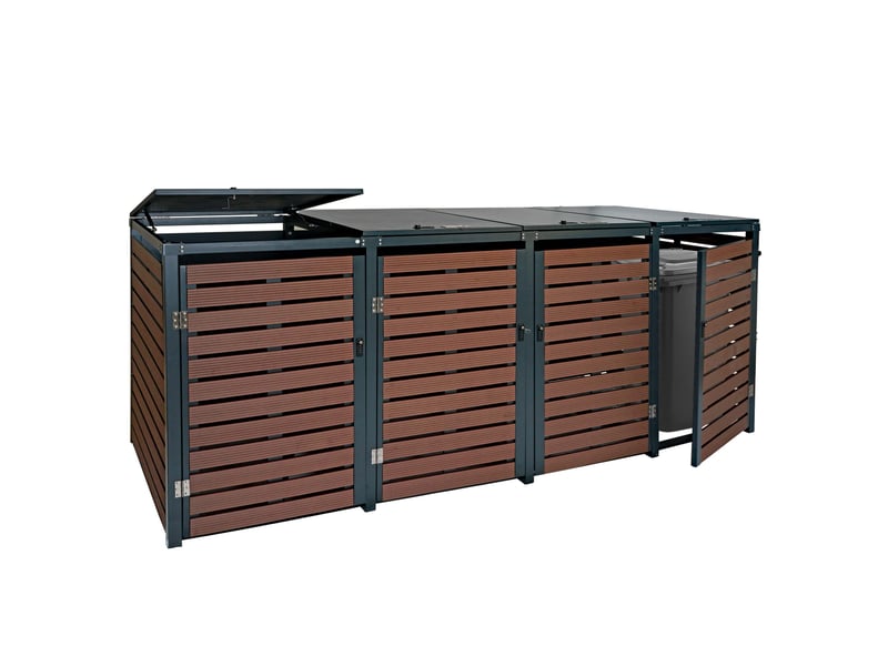  Cache poubelles 4 bacs avec couvercles vérins à gaz et serrures à code 119x264x84 cm wpc aspect noyer métal galvanisé 04_0007564  - Conforama B