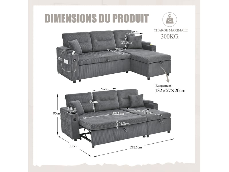  Canapé d’angle 3 places convertible avec rangement 212.5x136x86 cm gris carbone  - Conforama C