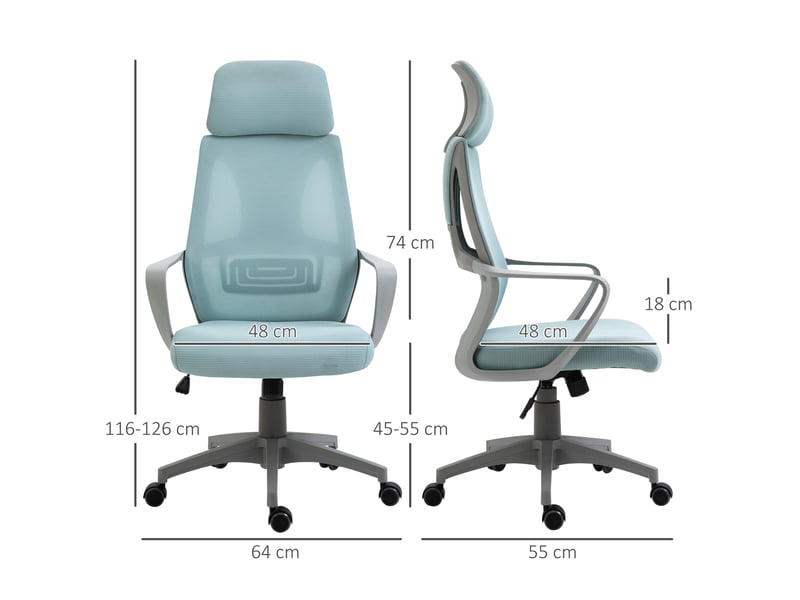  Chaise de bureau réglable avec accoudoirs, appui-tête et fonction inclinable, capacité de charge 120 kg, 64 x 55 x 116-126 cm, bleue  - Conforama C