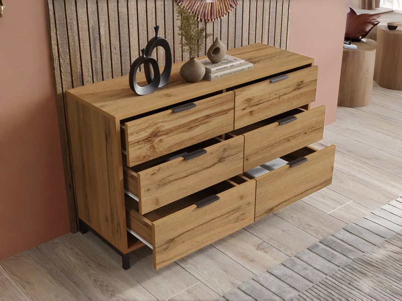 Commode à 6 tiroirs, 120 x 40 x 76 cm, finition effet bois, avec pieds réglables, poignées noires, coloris chêne foncé  - Conforama B