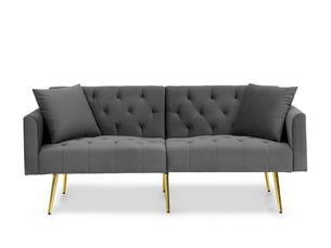 Canapé convertible 2 places inclinable - 3 positions, 2 coussins, pieds métal, velours - gris