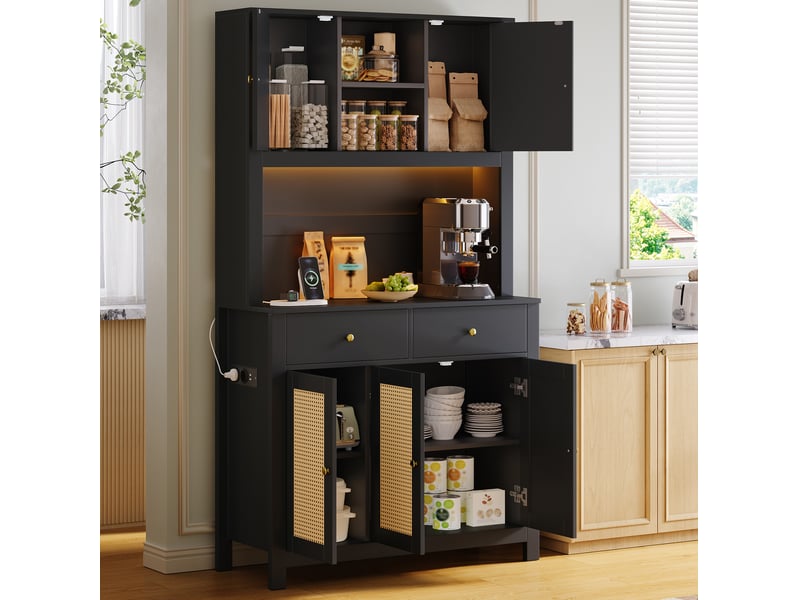  Buffet de cuisine 100x40x180 cm avec led et prises coloris noir  - Conforama B