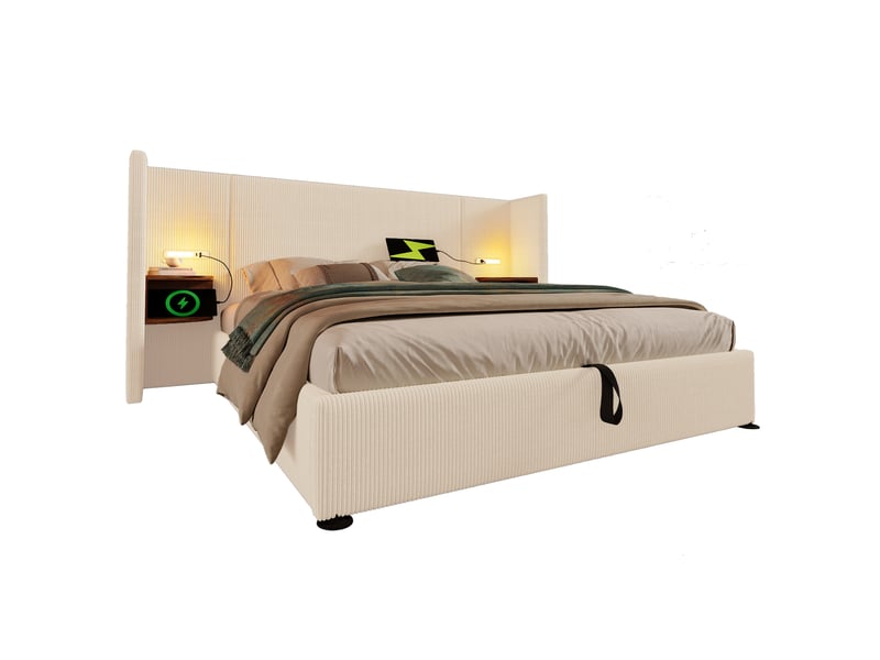  Lit coffre 160x200 cm avec lampe de lecture, ports usb type-c, métal et bois, beige et blanc sans matelas  - Conforama A