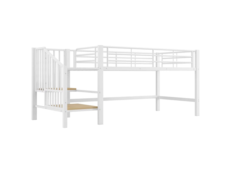  Lit mi-hauteur 90 × 200 cm, escalier à marches ouvertes, espace libre sous le lit, sommier à lattes, métal et mdf, blanc  - Conforama A