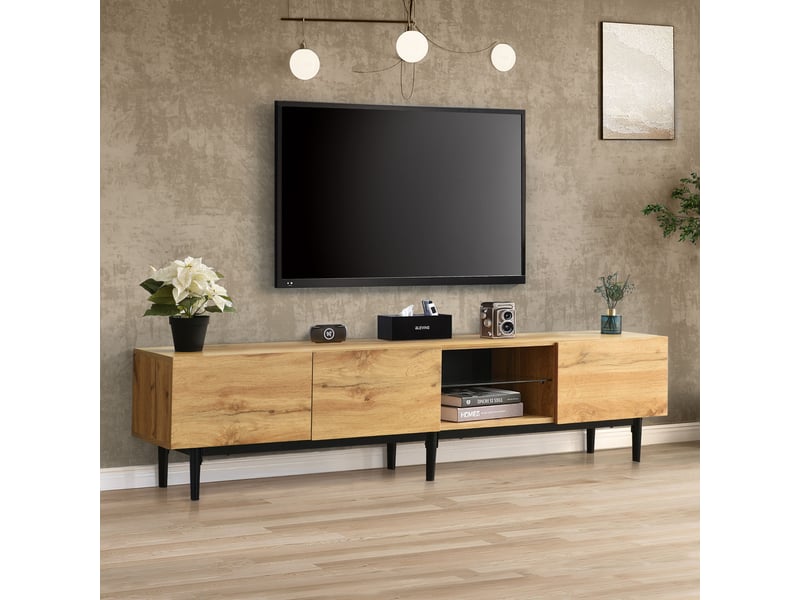  Meuble tv 175 cm chêne clair et noir avec led contrôlables par application et 3 rangements  - Conforama E