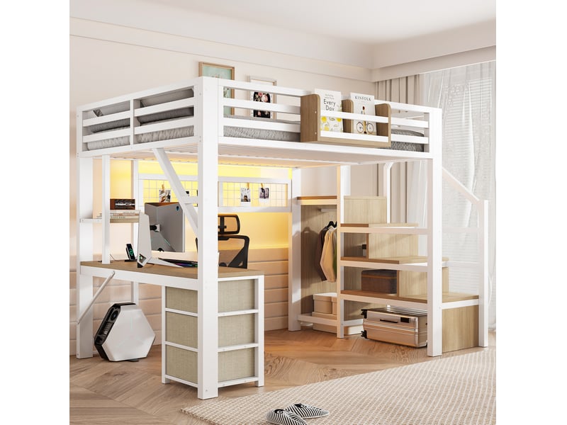  Lit mezzanine 140x200 cm avec bureau, rangements, armoire et éclairage led blanc  - Conforama E
