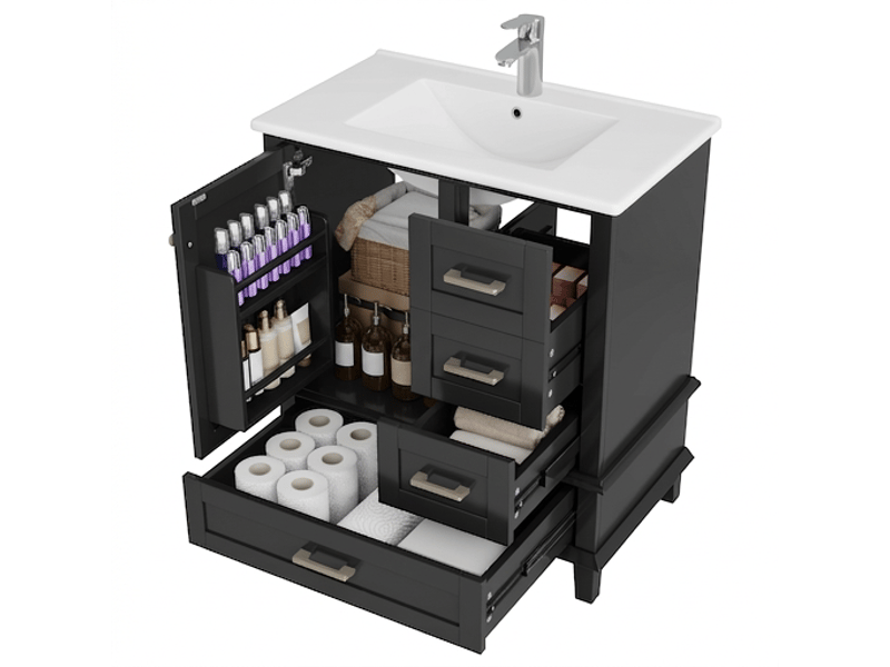  Meuble salle de bain noir 76 cm avec vasque céramique et 3 tiroirs  - Conforama A