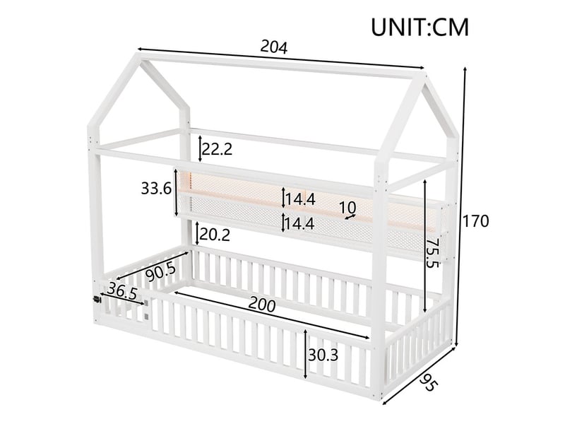 Lit cabane en métal 90x200 cm - motif maison - avec barrière de sécurité - avec lumières led - blanc (matelas non inclus) - Conforama C