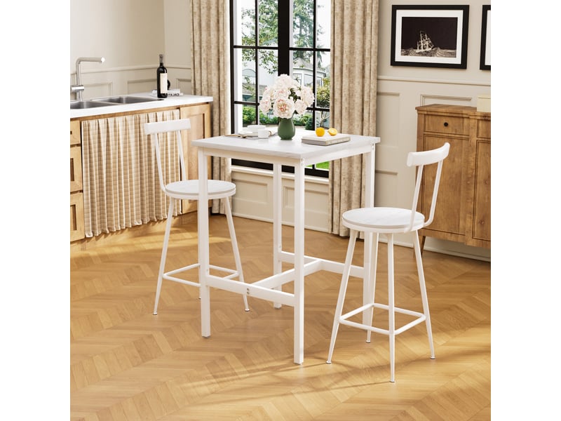  Ensemble table haute et deux tabourets, style industriel blanc, plateau 60 x 60 cm, sièges avec dossier pour cuisine et séjour  - Conforama C