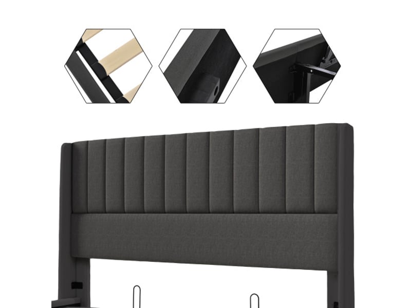  Lit coffre 160x200cm,lit double hydraulique, lit adulte avec sommier à lattes, lin, gris (avec matelas)  - Conforama E