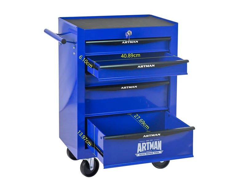  Chariot à outils à 5 tiroirs - noir &amp; bleu - acier - 22.1 kg - roues pivotantes avec freins 52.4x33x65.6cm - Conforama E