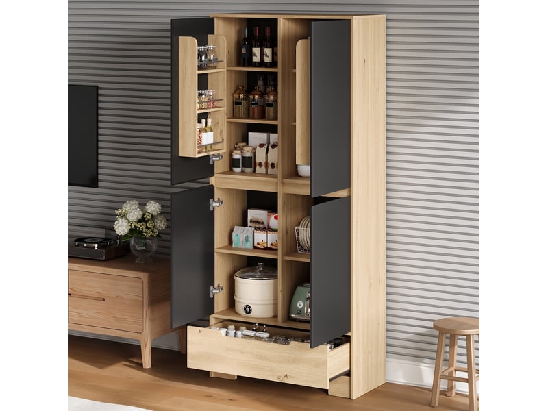  Buffet haut 80x35x180 cm noir avec grand tiroir, rangements de porte et étagères réglables Fay Lum - Conforama B