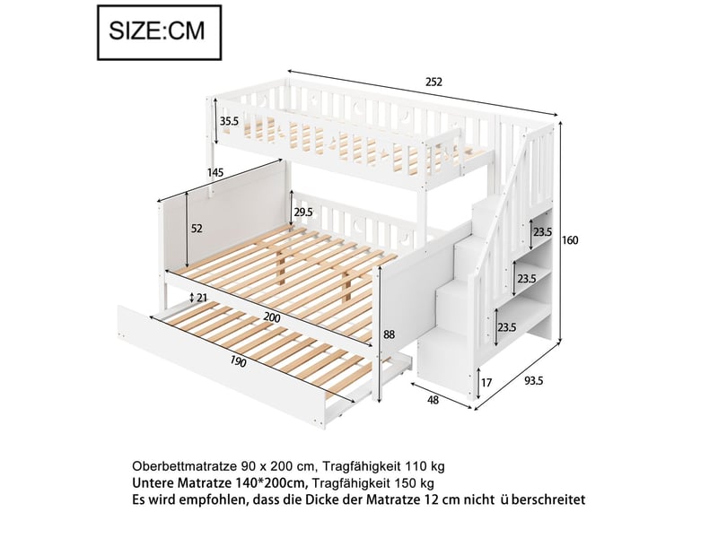  Lit superposé enfant 90x200140x200, escalier sécurisé lit superposé, structure bois massif, rangement intégré, lit gigogne, gain d'espace  - Conforama C