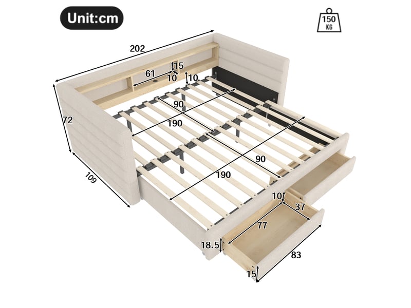  Lit de jour convertible, 90 × 190 cm, multifonctionnel, avec ports usb et type-c, deux tiroirs, plusieurs compartiments de rangement, éclairage led, sans matelas, velours, beige  - Conforama C