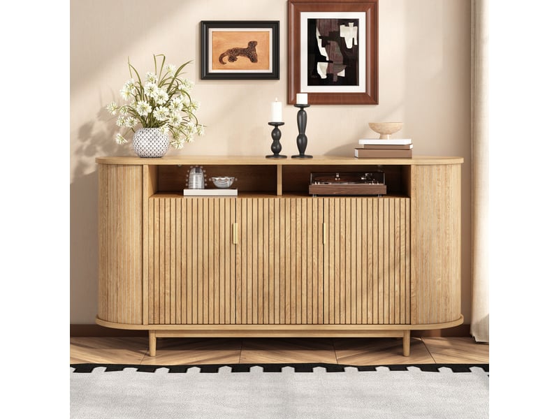  Buffet - 140x40x78cm - buffet basse de salon  côtelée en bois avec 3 portes, 2 niches ouvertes &amp; pieds en pin - naturel  - Conforama C