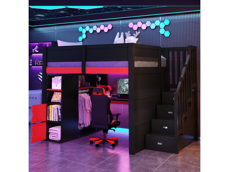  Lit mezzanine 140x200 avec bureau, led, usb et rangements, noir et rouge, pour adulte  - Conforama E