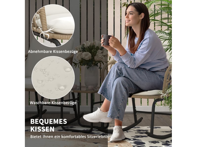  Salon de jardin 3 pièces avec 2 fauteuils à bascule 63x82x75 cm – jaune – table basse et coussins inclus  - Conforama E