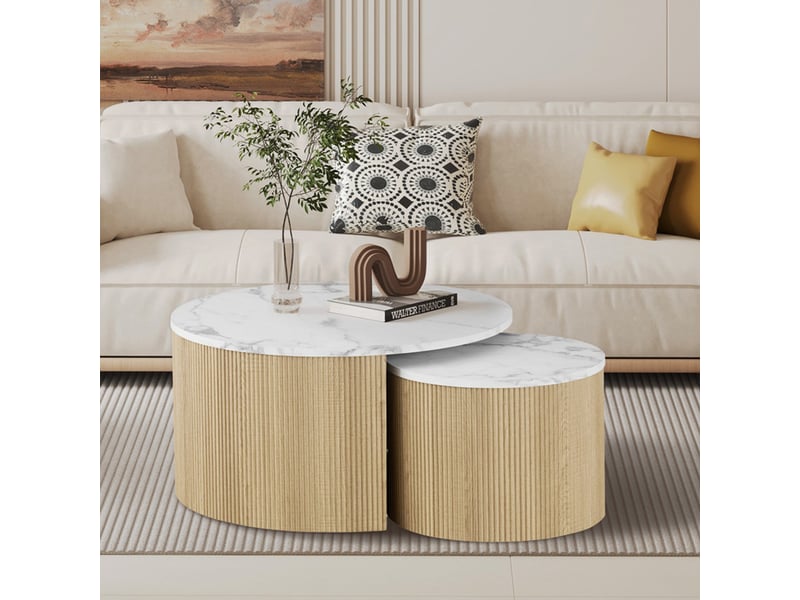  Lot de 2 tables basses rondes gigognes couleur marbre et bois  - Conforama B