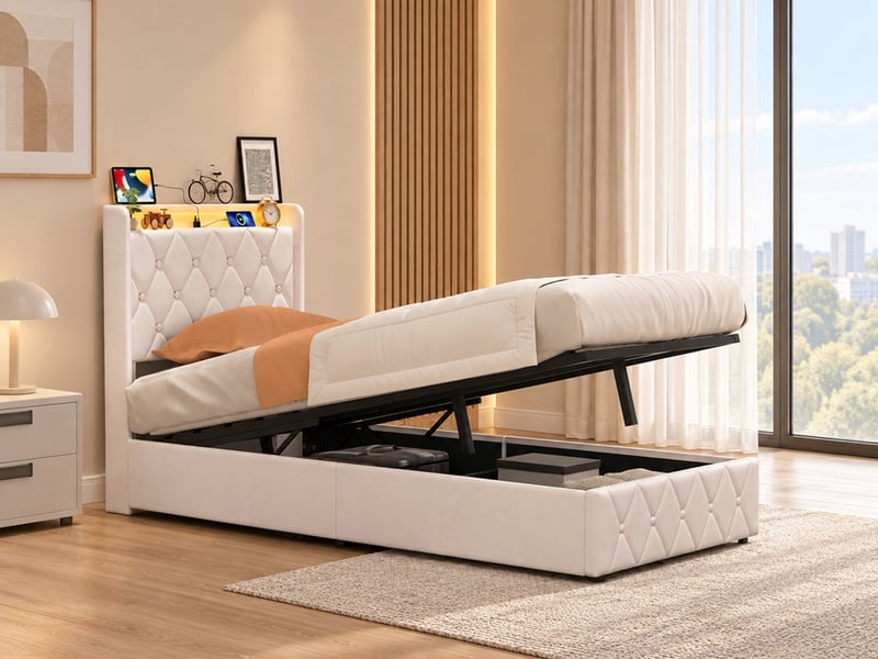 Lit coffre 90x200 cm avec led et usb, lit simple capitonné avec rangement hydraulique, lit 1 place avec sommier à lattes, lit adulte avec tête de lit rembourrée, velours blanc - Conforama B