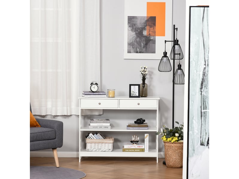  Table de console table d'entrée style table de drapier néo-rétro 2 tiroirs 2 étagères en bois blanc dim. 100l x 30,5l x 80h cm  - Conforama R