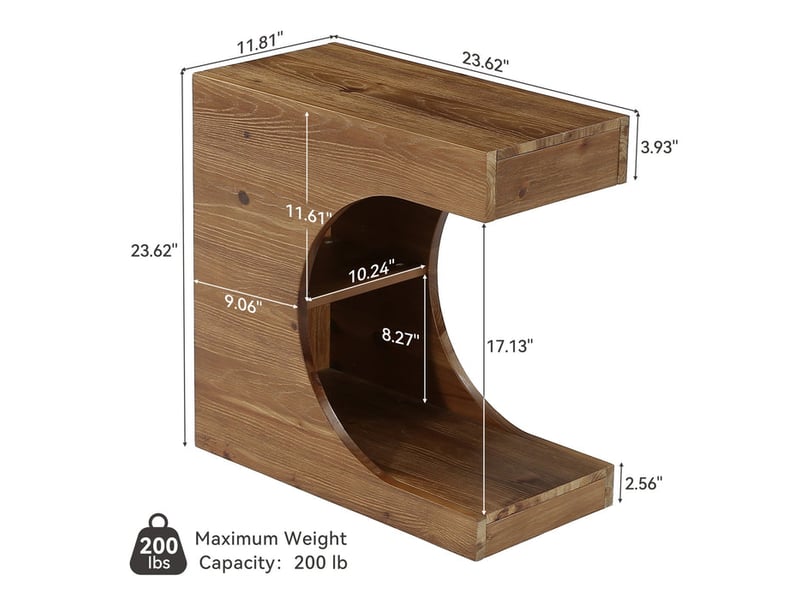  Table d'appoint en bois massif en forme de c, table de chevet moderne avec 2 étagères pour le salon et la chambre  - Conforama C