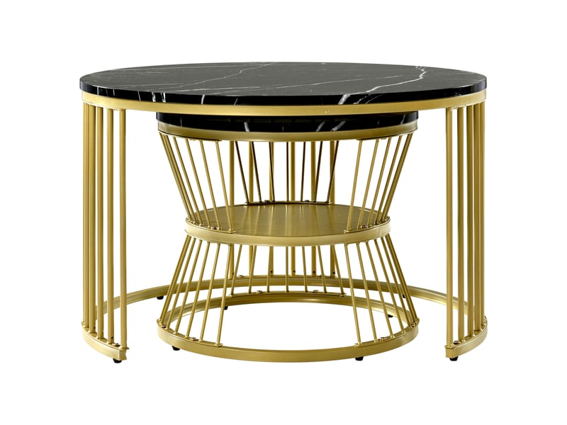  Lot de 2 tables basses gigognes rondes, table basses rondes avec cadre de support en métal et table au blanc, table basses rondes, noir+doré  - Conforama R