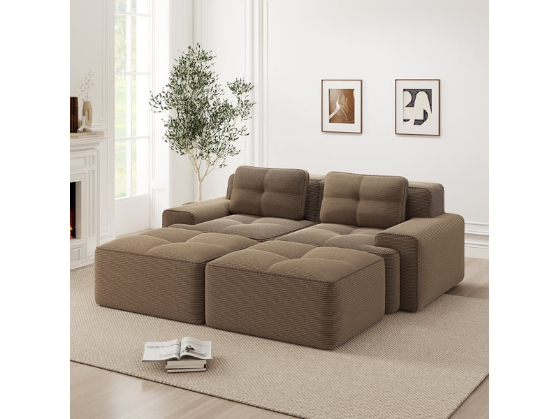 Canapé modulable d'angle en l,204x179x69cm,canapé 2 places sans structure avec 2 pouf,en velours côtelé,rembourrage haute densité 32d - marron - Conforama B