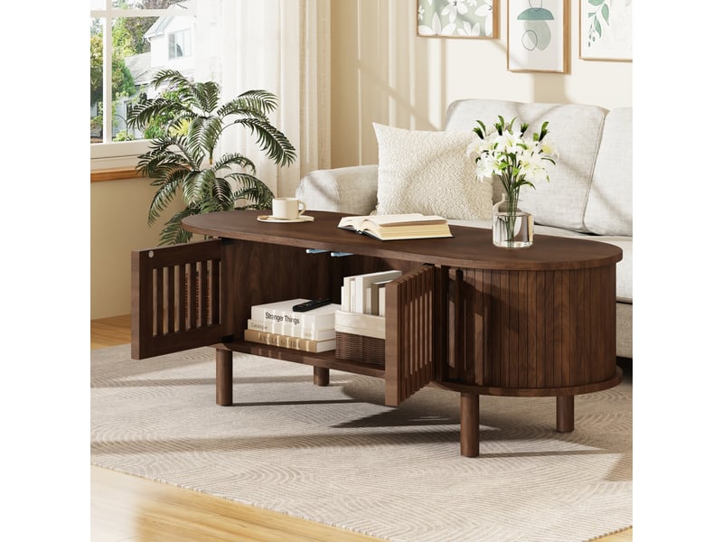  Table basse ovale 100x40x38 cm avec 2 portes à lames, porte coulissante, mdf coloris noyer  - Conforama B