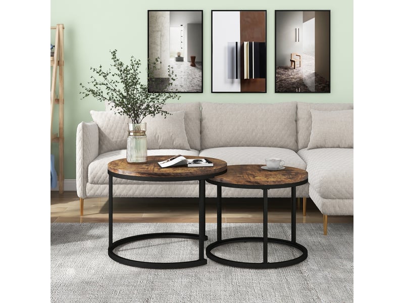  Lot de 2 tables basses rondes gigognes aspect bois marron - structure métal 70,5 cm  - Conforama E