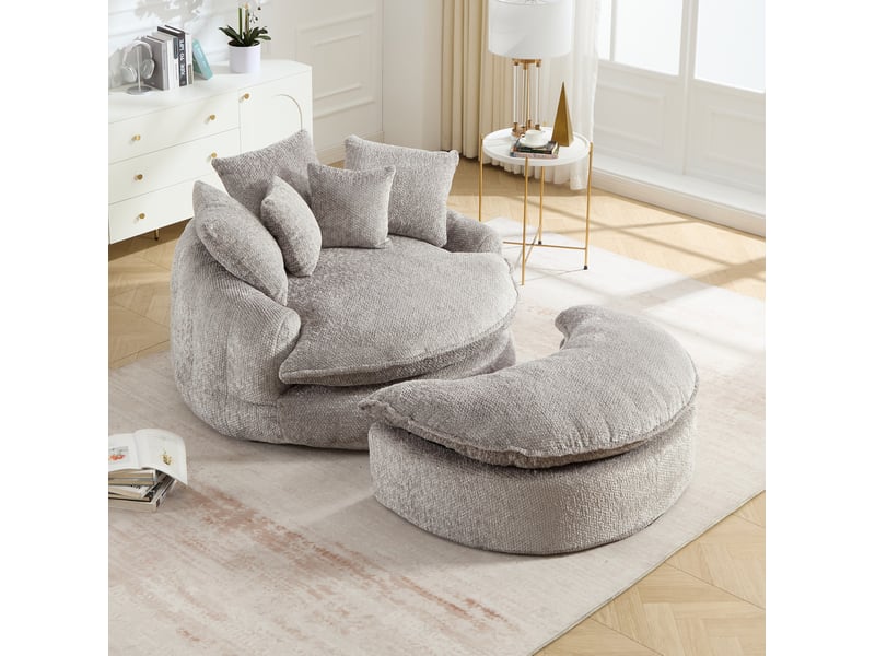  Fauteuil rond surdimensionné 138x190.5x63 cm, dossier large, coussins inclus, mousse dense, polyester, gris clair  - Conforama D