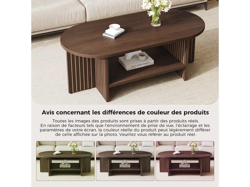 Table basse coloris bois foncé 100 × 49 × 35 cm, en mdf, avec plateau ovale, façades rainurées et étagère inférieure - Conforama E
