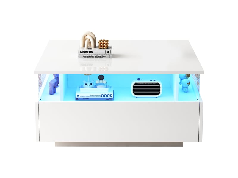  Table basse avec 2 tiroirs, éclairage led et espace transparent pour salon 70×70×41 cm blanc  - Conforama A