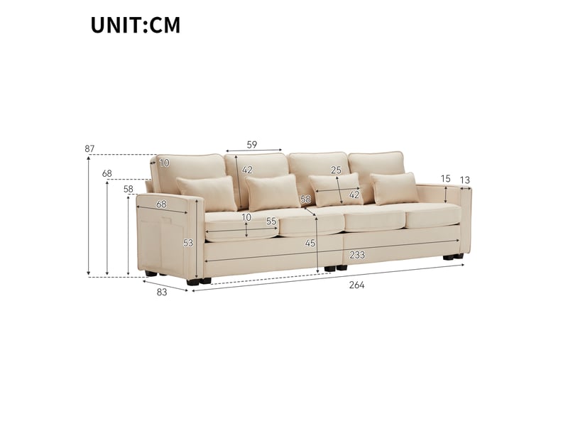  Canapé droit 4 places en tissu lin beige avec coussins et pochettes de rangement pour salon moderne  - Conforama C