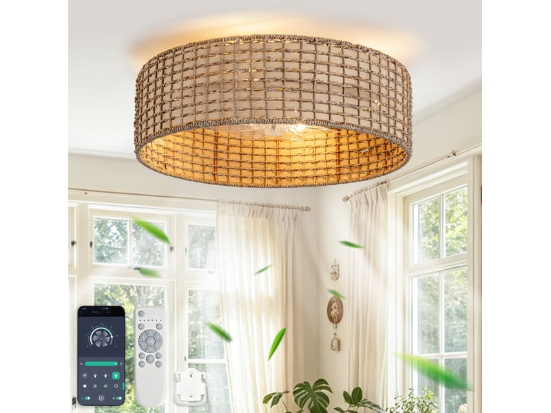Ventilateur de plafond 19 pouces en rotin et abs beige, contrôle par application et télécommande, 6 vitesses - Conforama B