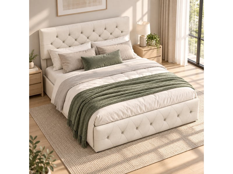  Lit coffre 2 places 140x200 cm, lit adulte avec rangement, tête de lit réglable, velours beige  - Conforama D