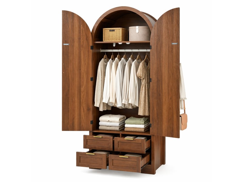  Armoire 2 portes avec panneaux en rotin  80 x 50 x 179 cm, penderie, étagères et 4 tiroirs, noyer  - Conforama A