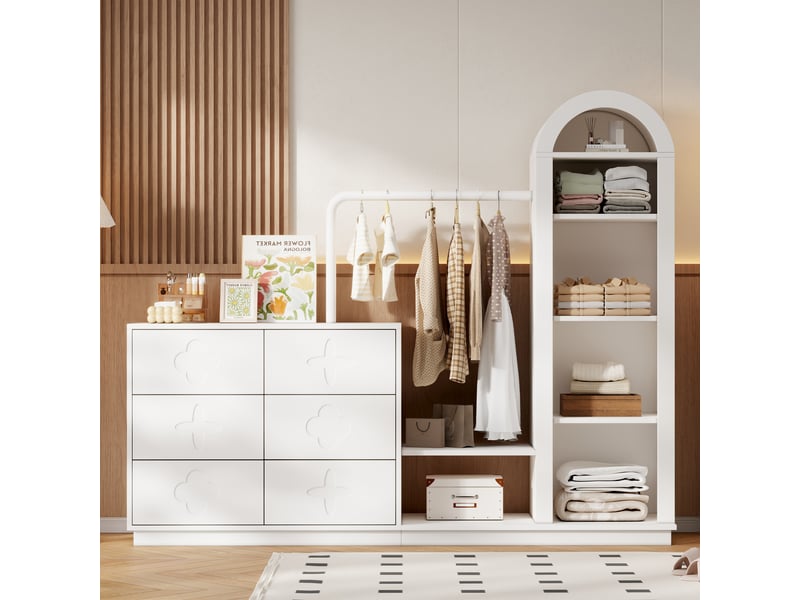  Commode avec penderie 160,5x40x134 cm, 6 tiroirs, tringle à vêtements et niche ouverte en arche, rangement 3-en-1 - blanc  - Conforama D