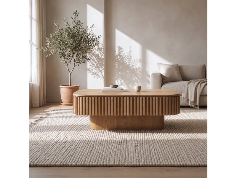  Table basse cannelée à rangement caché, plateau amovible en bois et mdf coloris naturel  - Conforama C