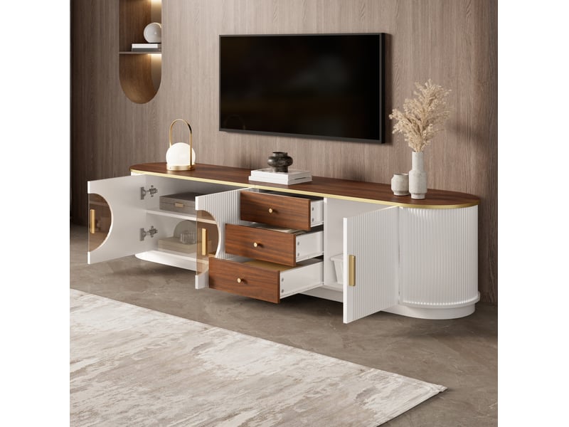  Meuble tv modenvie 180 x 40 x 46 cm avec 3 tiroirs, 3 portes et passe-câbles, mdf blanc  - Conforama D