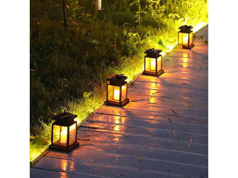  8 lampes solaires suspendues extérieures avec effet bougie led, lumière blanc chaud pour jardin, terrasse, pelouse et arbre  - Conforama B